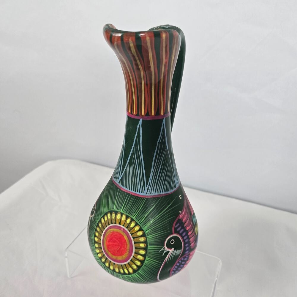 Mexican Terra Cotta Pottery Pitcher Vibrant Colorful Bird Hand Painted 12" x 7"